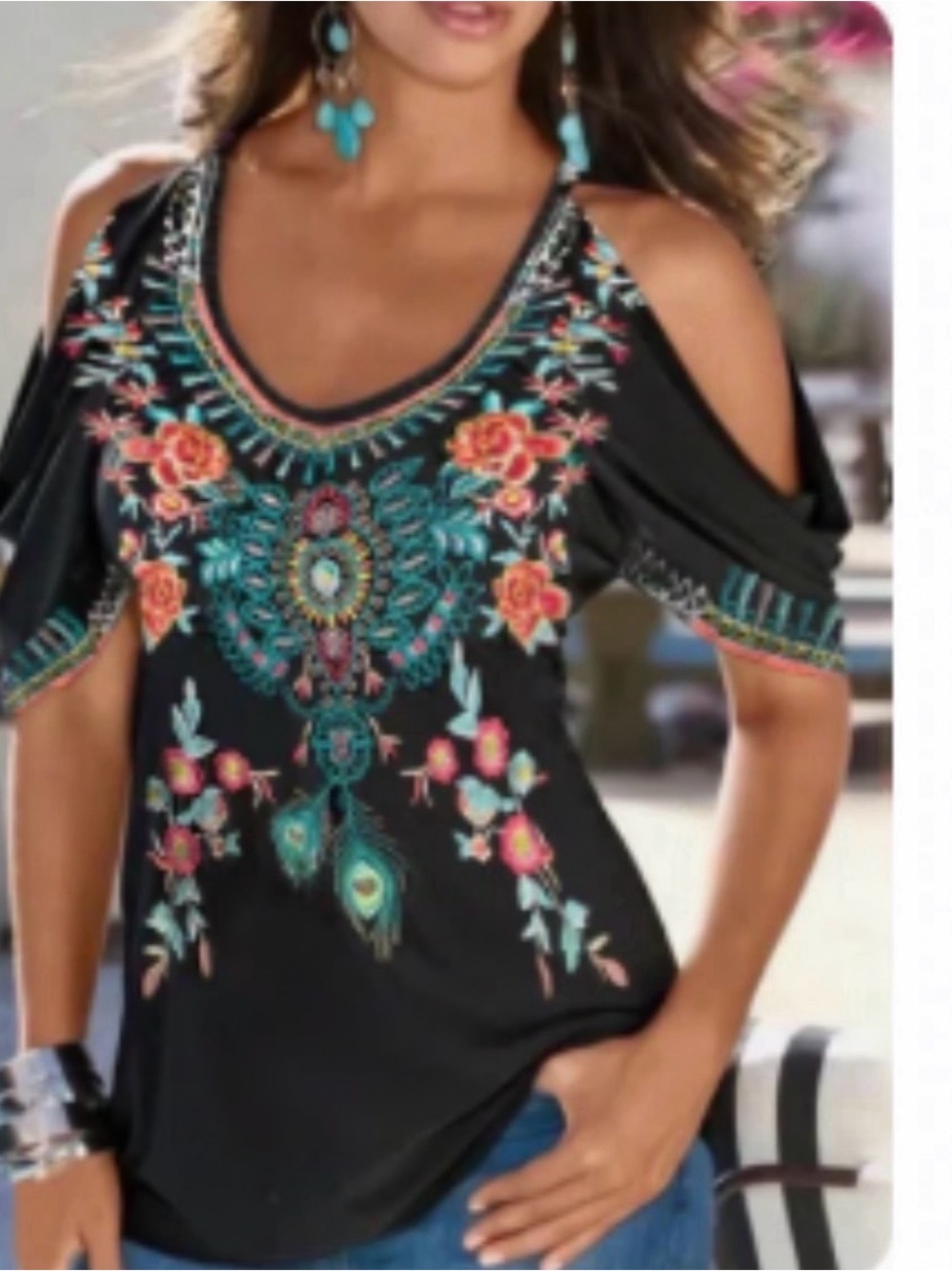 Boho V neck printed top, XL, NWT